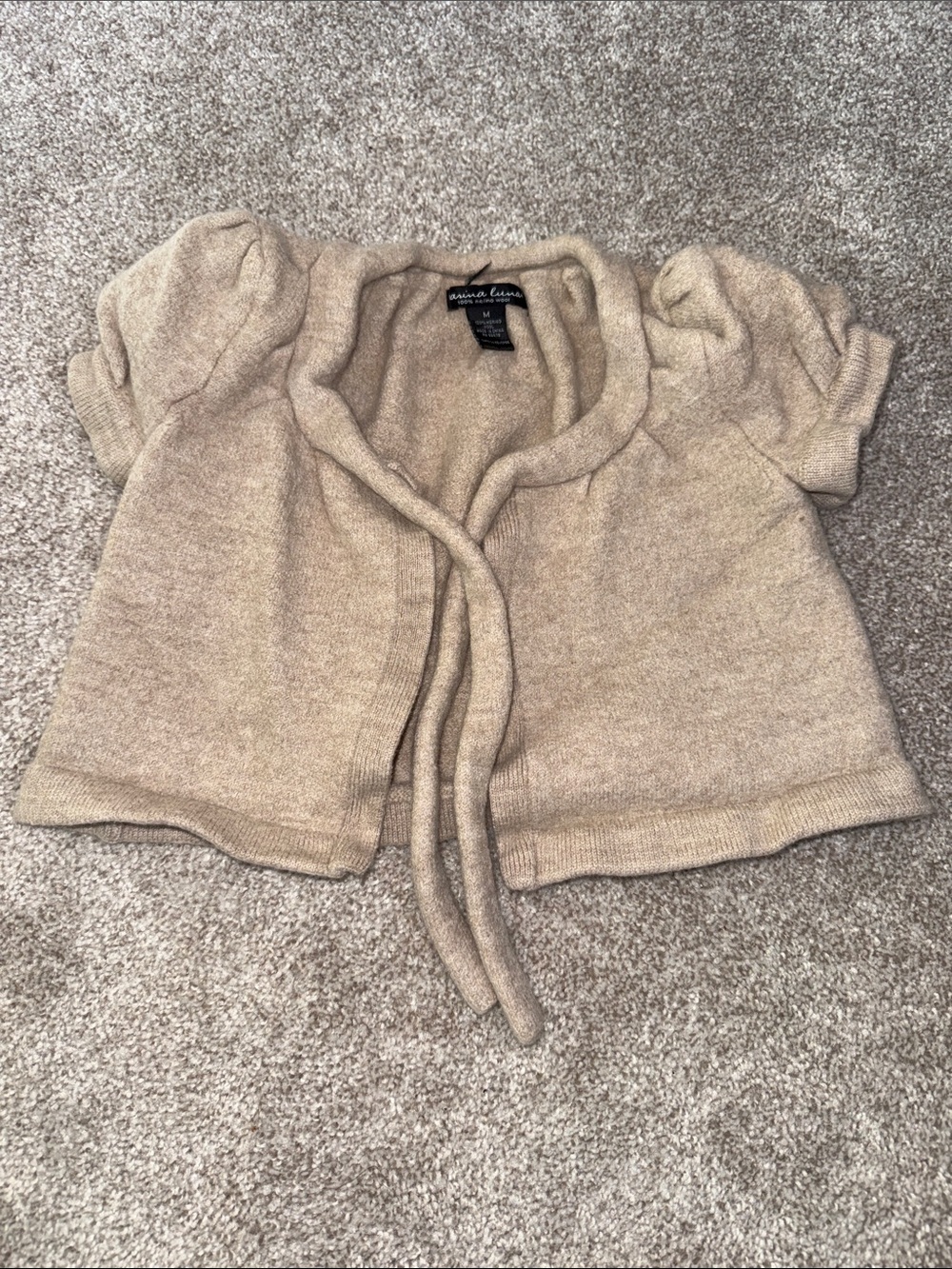 Marina Luna Tan Tie-Front Puff Sleeve Cardigan 100% Merino Wool